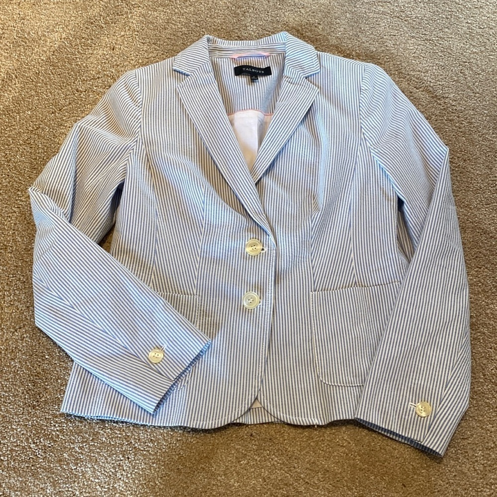 Talbots Cotton Blazer Jacket 2 Button White Blue Stripe Sz 2